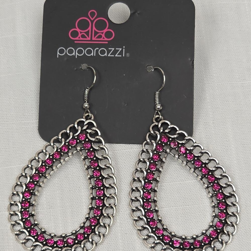 Paparazzi Hot Pink Rhinestone Teardrop Dangle Earrings Silver Tone Open Teardrop